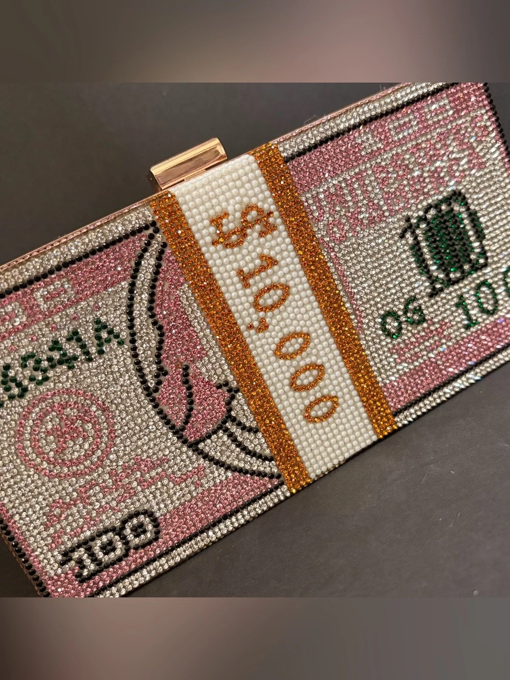 Pink Crystal Money-Print Evening Clutch